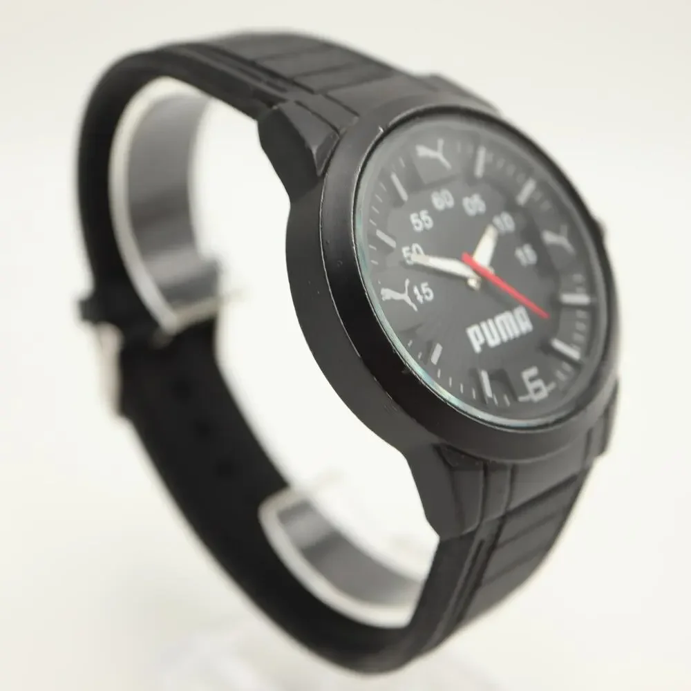Puma Men's Black Sport Analog 44mm Watch Silicone Strap with New Battery